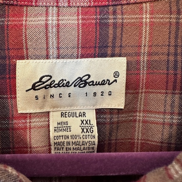 Eddie Bauer Men’s 2XL Brown Red Plaid Long Sleeve Button Down Outdoor Classic - Picture 3 of 8